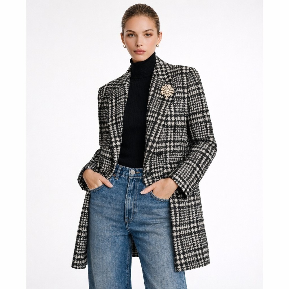 Glamorous Houndstooth Classic Preppy Black White Wool Blend Old Money Overcoat M